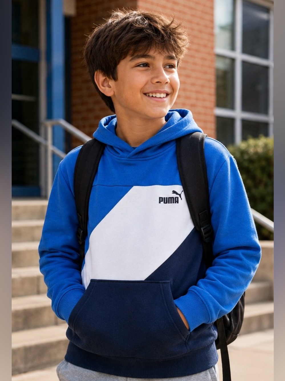 PUMA Youth Power Cat Colorblock Pullover Fleece Hoodie Blue White Navy L 14/16